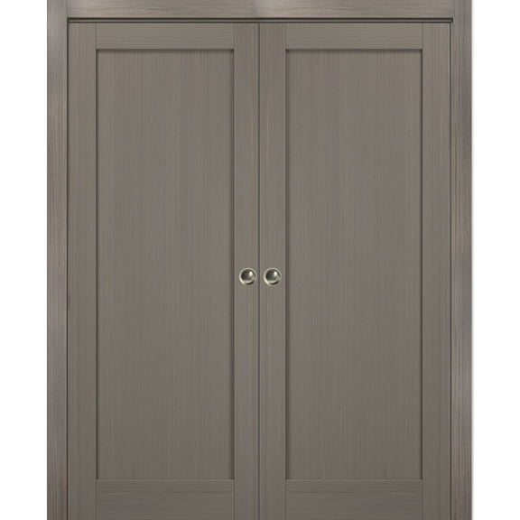 French Double Pocket Doors 48 x 80 with Frames | Quadro 4111 Grey Ash | Kit Trims Rail Hardware | Solid Wood Interior Pantry Kitchen Bedroom Sliding Closet Sturdy Door