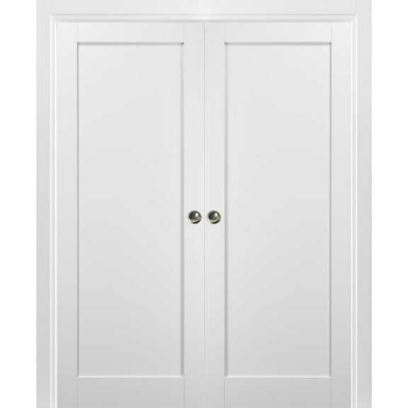 French Double Pocket Doors 48 x 80 with Frames | Quadro 4111 White Silk | Kit Trims Rail Hardware | Solid Wood Interior Pantry Kitchen Bedroom Sliding Closet Sturdy Door