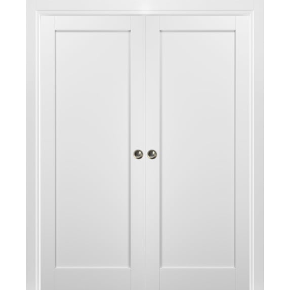 French Double Pocket Doors 48 x 80 with Frames | Quadro 4111 White Silk | Kit Trims Rail Hardware | Solid Wood Interior Pantry Kitchen Bedroom Sliding Closet Sturdy Door
