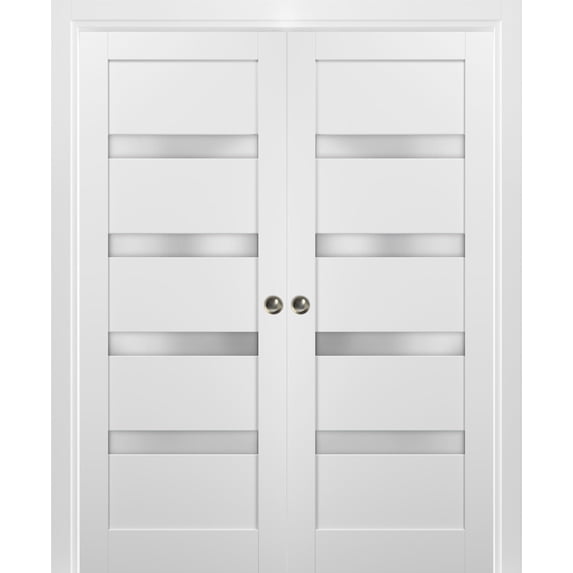 French Double Pocket Doors 48 x 80 with Frames | Quadro 4113 White Silk with Frosted Opaque Glass | Kit Trims Rail Hardware | Solid Wood Interior Pantry Kitchen Bedroom Sliding Closet Sturdy Door