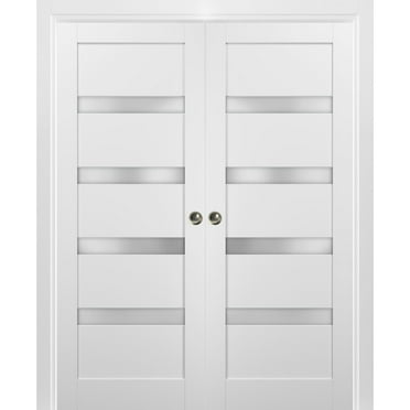 French Double Pocket Doors 48 x 80 with Frames | Quadro 4113 White Silk with Frosted Opaque Glass | Kit Trims Rail Hardware | Solid Wood Interior Pantry Kitchen Bedroom Sliding Closet Sturdy Door