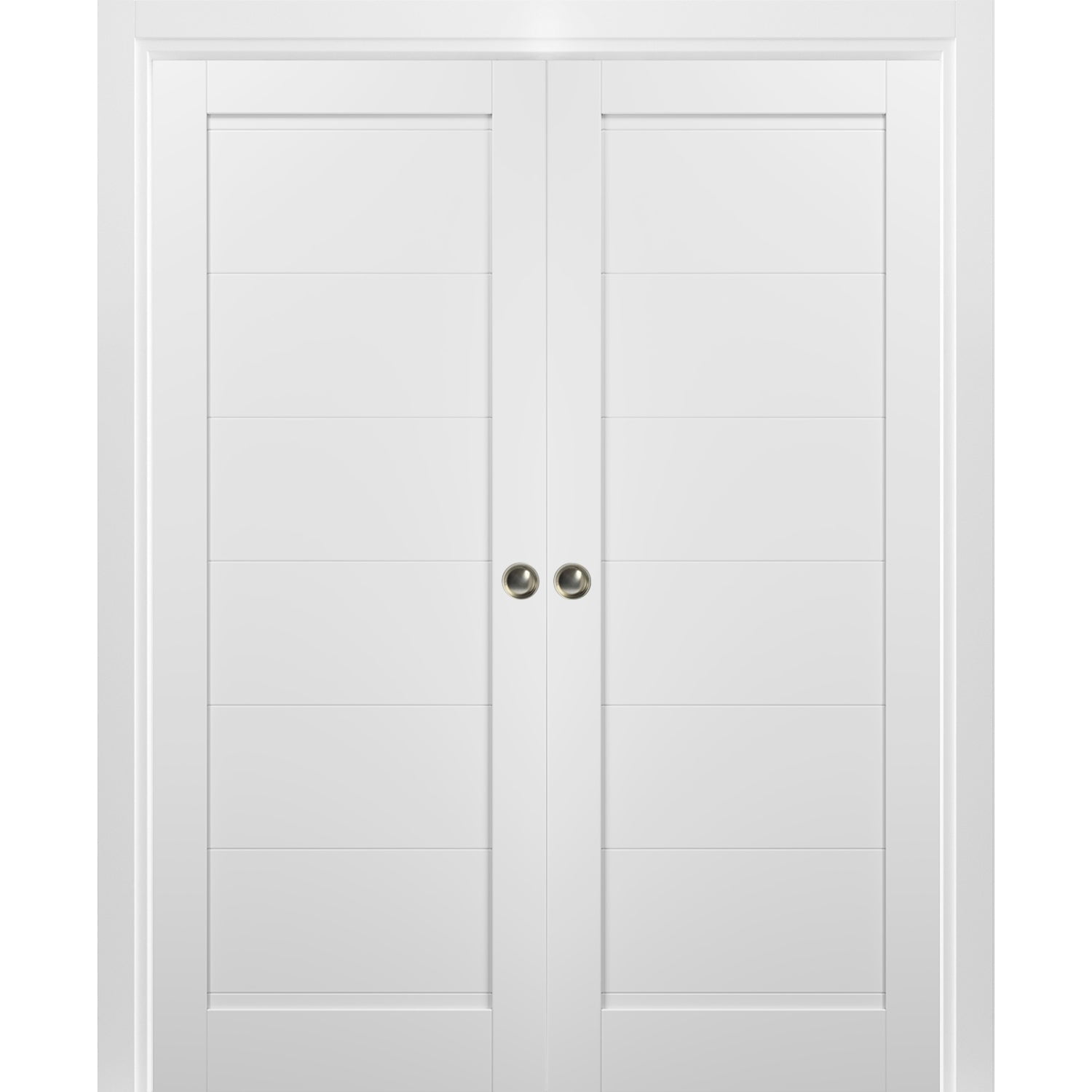 French Double Pocket Doors 48 x 80 with Frames | Quadro 4115 White Silk | Kit Trims Rail Hardware | Solid Wood Interior Pantry Kitchen Bedroom Sliding Closet Sturdy Door