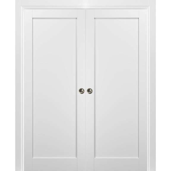 French Double Pocket Doors 56 x 80 with Frames | Quadro 4111 White Silk | Kit Trims Rail Hardware | Solid Wood Interior Pantry Kitchen Bedroom Sliding Closet Sturdy Door