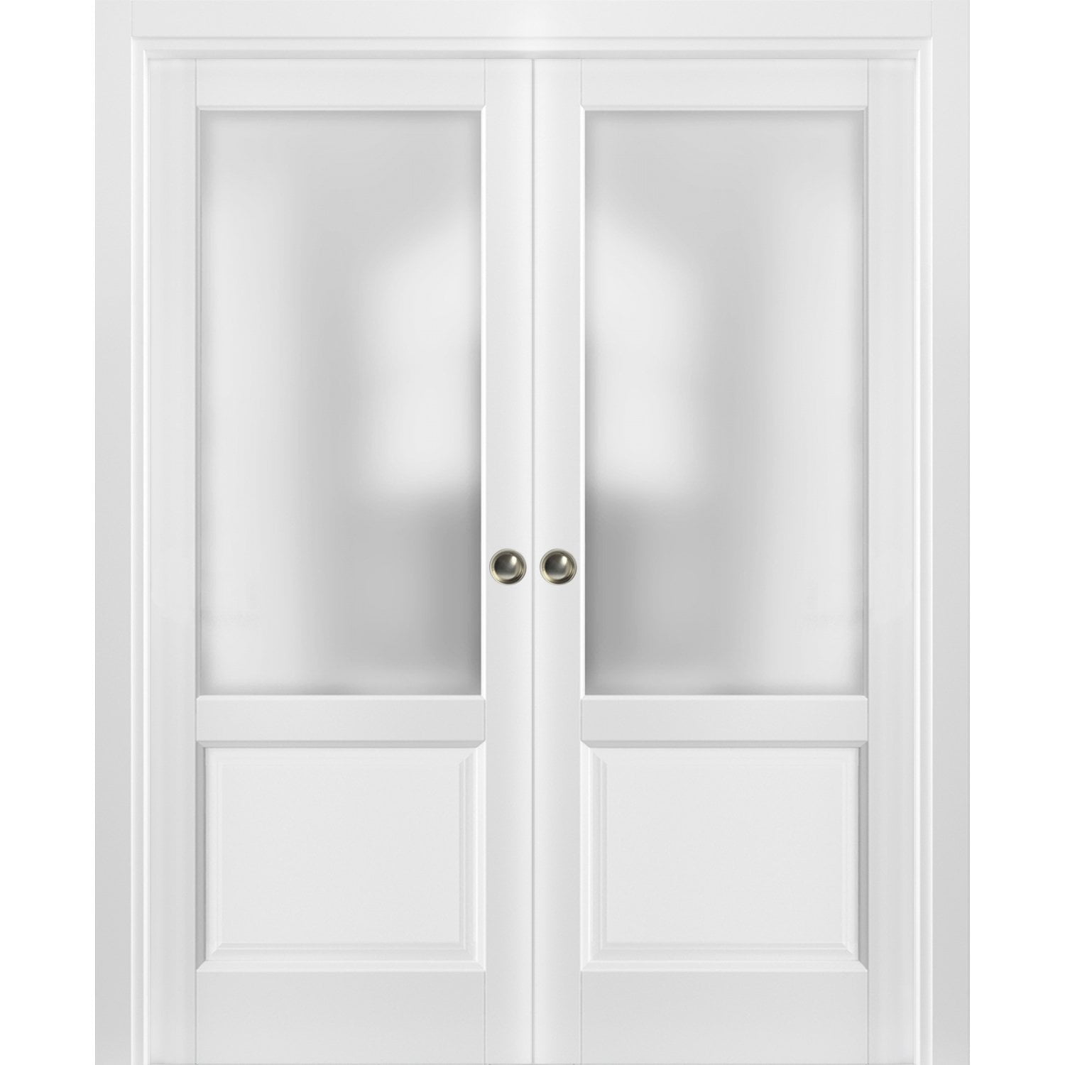 Matte White Double Pocket Doors with Frosted Glass Panels