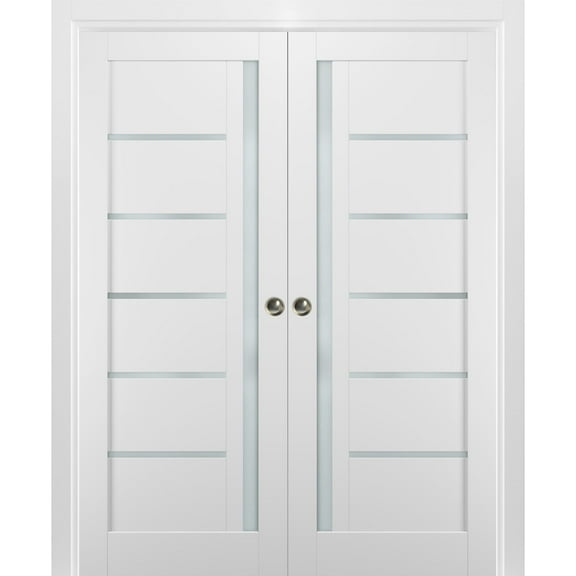 French Double Pocket Doors 56 x 96 with Frames | Quadro 4088 White Silk with Frosted Opaque Glass | Kit Trims Rail Hardware | Solid Wood Interior Pantry Kitchen Bedroom Sliding Closet Sturdy Door
