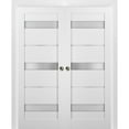 thumbnail image 1 of French Double Pocket Doors 60 x 80 with Frames | Quadro 4055 White Silk with Frosted Opaque Glass | Kit Trims Rail Hardware | Solid Wood Interior Pantry Kitchen Bedroom Sliding Closet Sturdy Door, 1 of 6
