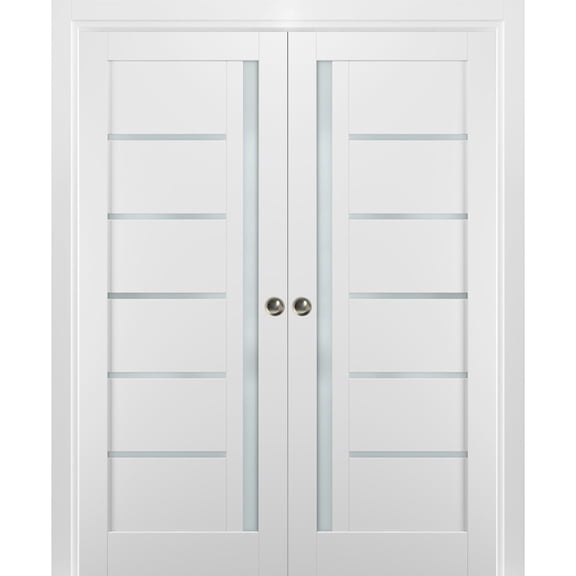 French Double Pocket Doors 60 x 80 with Frames | Quadro 4088 White Silk with Frosted Opaque Glass | Kit Trims Rail Hardware | Solid Wood Interior Pantry Kitchen Bedroom Sliding Closet Sturdy Door
