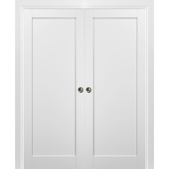 French Double Pocket Doors 60 x 80 with Frames | Quadro 4111 White Silk | Kit Trims Rail Hardware | Solid Wood Interior Pantry Kitchen Bedroom Sliding Closet Sturdy Door