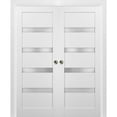 thumbnail image 1 of French Double Pocket Doors 60 x 84 with Frames | Quadro 4113 White Silk with Frosted Opaque Glass | Kit Trims Rail Hardware | Solid Wood Interior Pantry Kitchen Bedroom Sliding Closet Sturdy Door, 1 of 7