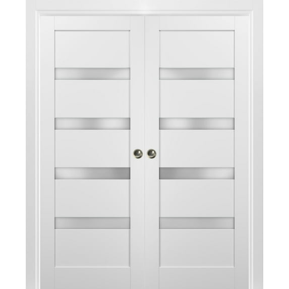 French Double Pocket Doors 60 x 84 with Frames | Quadro 4113 White Silk with Frosted Opaque Glass | Kit Trims Rail Hardware | Solid Wood Interior Pantry Kitchen Bedroom Sliding Closet Sturdy Door