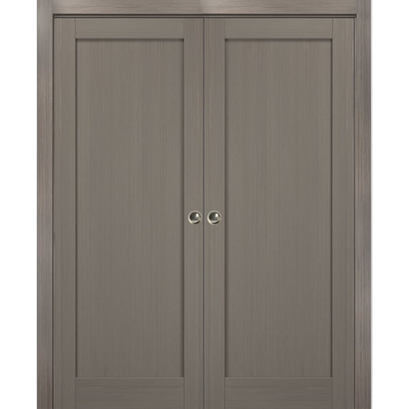French Double Pocket Doors 64 x 84 with Frames | Quadro 4111 Grey Ash | Kit Trims Rail Hardware | Solid Wood Interior Pantry Kitchen Bedroom Sliding Closet Sturdy Door