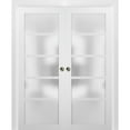 thumbnail image 1 of French Double Pocket Doors 64 x 96 with Frames | Quadro 4002 White Silk with Frosted Opaque Glass | Kit Trims Rail Hardware | Solid Wood Interior Pantry Kitchen Bedroom Sliding Closet Sturdy Door, 1 of 6