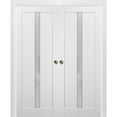 thumbnail image 1 of French Double Pocket Doors 64 x 96 with Frames | Quadro 4112 White Silk with Frosted Opaque Glass | Kit Trims Rail Hardware | Solid Wood Interior Pantry Kitchen Bedroom Sliding Closet Sturdy Door, 1 of 6