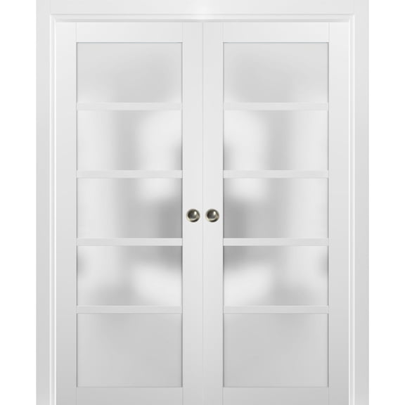 French Double Pocket Doors 72 x 80 with Frames | Quadro 4002 White Silk with Frosted Opaque Glass | Kit Trims Rail Hardware | Solid Wood Interior Pantry Kitchen Bedroom Sliding Closet Sturdy Door