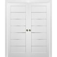 thumbnail image 1 of French Double Pocket Doors 72 x 80 with Frames | Quadro 4117 White Silk with Frosted Opaque Glass | Kit Trims Rail Hardware | Solid Wood Interior Pantry Kitchen Bedroom Sliding Closet Sturdy Door, 1 of 5