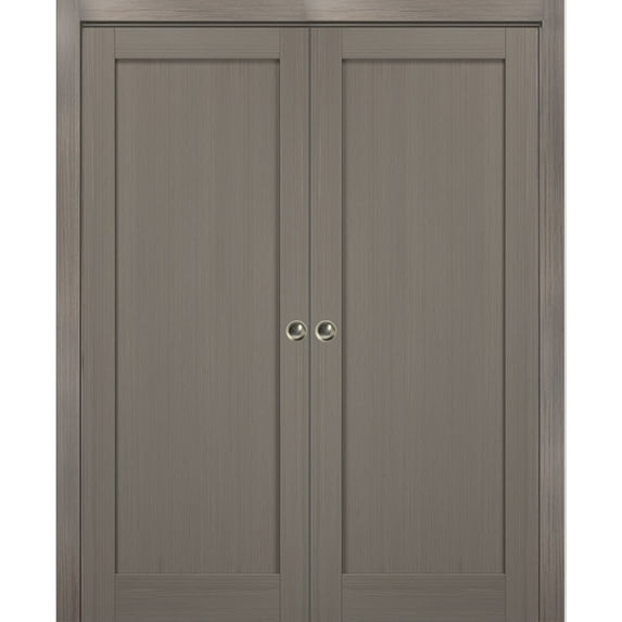French Double Pocket Doors 72 x 84 with Frames | Quadro 4111 Grey Ash | Kit Trims Rail Hardware | Solid Wood Interior Pantry Kitchen Bedroom Sliding Closet Sturdy Door