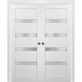 thumbnail image 1 of French Double Pocket Doors 72 x 84 with Frames | Quadro 4113 White Silk with Frosted Opaque Glass | Kit Trims Rail Hardware | Solid Wood Interior Pantry Kitchen Bedroom Sliding Closet Sturdy Door, 1 of 5