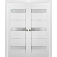 thumbnail image 1 of French Double Pocket Doors 84 x 80 with Frames | Quadro 4055 White Silk with Frosted Opaque Glass | Kit Trims Rail Hardware | Solid Wood Interior Pantry Kitchen Bedroom Sliding Closet Sturdy Door, 1 of 7
