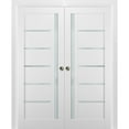 thumbnail image 1 of French Double Pocket Doors 84 x 80 with Frames | Quadro 4088 White Silk with Frosted Opaque Glass | Kit Trims Rail Hardware | Solid Wood Interior Pantry Kitchen Bedroom Sliding Closet Sturdy Door, 1 of 7