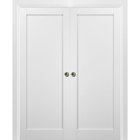 French Double Pocket Doors 84 x 96 with Frames | Quadro 4111 White Silk | Kit Trims Rail Hardware | Solid Wood Interior Pantry Kitchen Bedroom Sliding Closet Sturdy Door