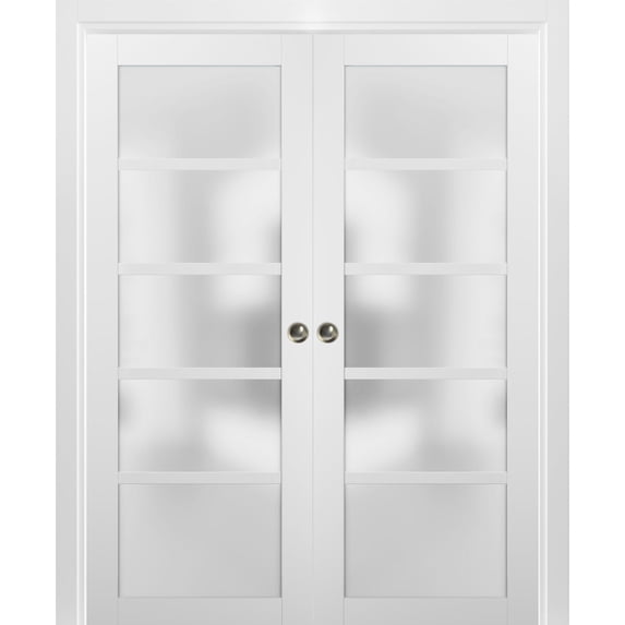 French Double Pocket Doors 84 x 84 with Frames | Quadro 4002 White Silk with Frosted Opaque Glass | Kit Trims Rail Hardware | Solid Wood Interior Pantry Kitchen Bedroom Sliding Closet Sturdy Door