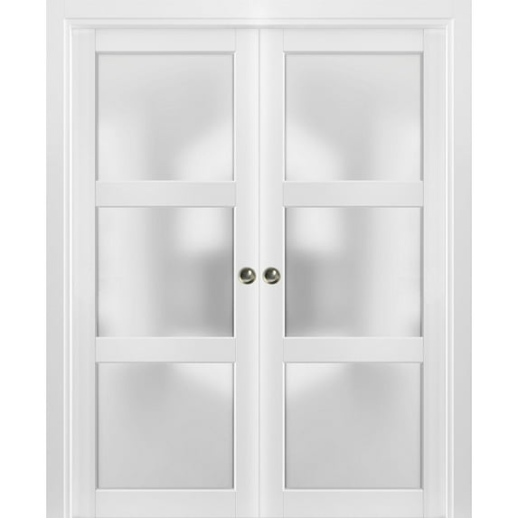 French Double Pocket Doors with Frosted Glass | Lucia 2552 White Silk | Kit Trims Rail Hardware | Solid Wood Interior Pantry Kitchen Bedroom Sliding Closet Sturdy Door
