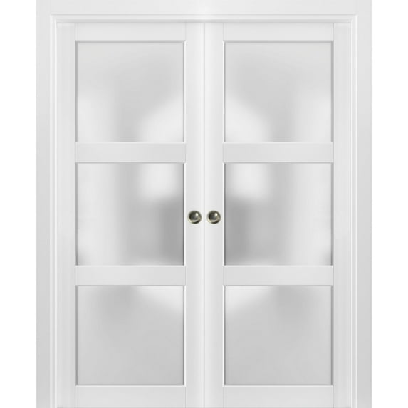 French Double Pocket Doors with Frosted Glass | Lucia 2552 White Silk | Kit Trims Rail Hardware | Solid Wood Interior Pantry Kitchen Bedroom Sliding Closet Sturdy Door