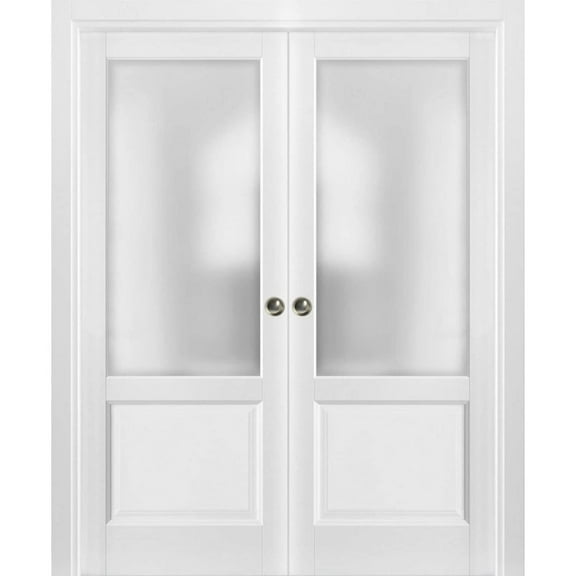 French Double Pocket Doors | Lucia 22 White Silk with Frosted Opaque Glass | Kit Trims Rail Hardware | Solid Wood Interior Pantry Kitchen Bedroom Sliding Closet Sturdy Door-36" x 84" (2* 18x84)