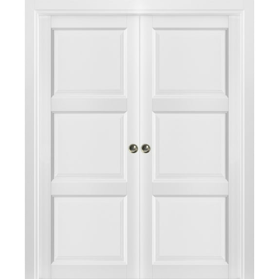 French Double Pocket Doors | Lucia 2661 White Silk | Kit Trims Rail Hardware | Solid Wood Interior Pantry Kitchen Bedroom Sliding Closet Sturdy Door -36" x 96"