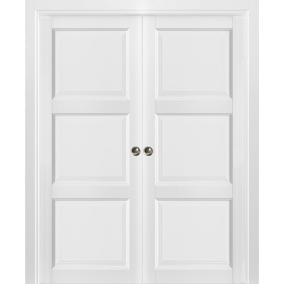 French Double Pocket Doors | Lucia 2661 White Silk | Kit Trims Rail Hardware | Solid Wood Interior Pantry Kitchen Bedroom Sliding Closet Sturdy Door -72" x 96"