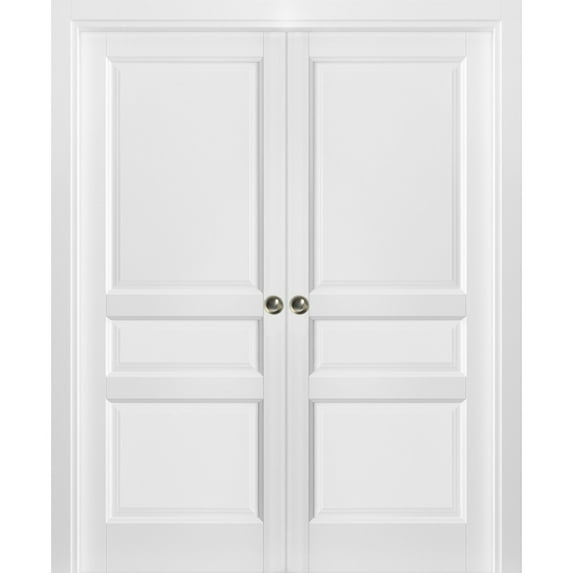 French Double Pocket Doors | Lucia 31 White Silk | Kit Trims Rail Hardware | Solid Wood Interior Pantry Kitchen Bedroom Sliding Closet Sturdy Door-56" x 84"