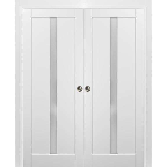 French Double Pocket Doors | Quadro 4112 White Silk with Frosted Opaque Glass | Sample of Color