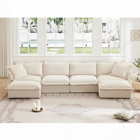 French Edged Slipcovered U Shape Sectional Sofa, 4 Seater, Elegant Cascading Hem & Detailed Stitching