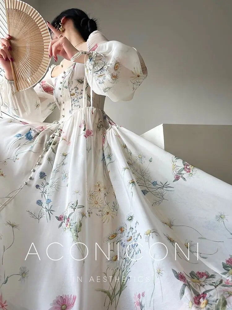 French Elegant Floral Midi Dress Chiffon Long Sleeve Evening French Elegant Floral Midi Dress Chiffon Long Sleeve Evening