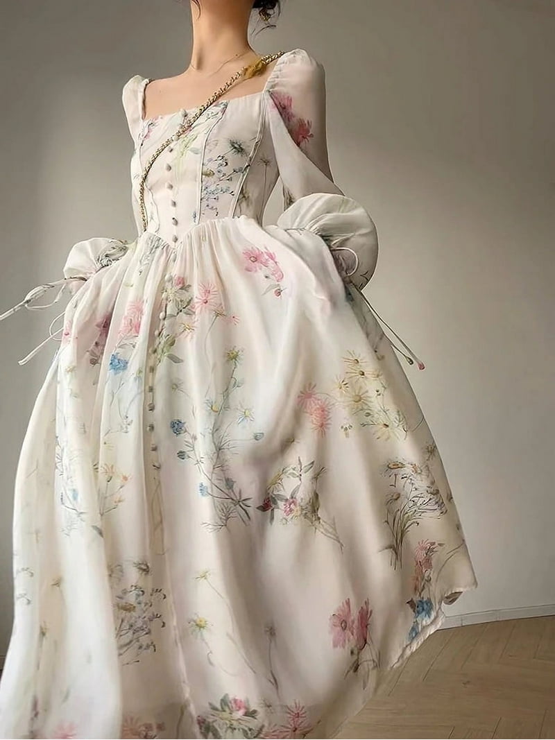 Xkiss French Elegant Floral Chiffon Midi Dress, Long Sleeve