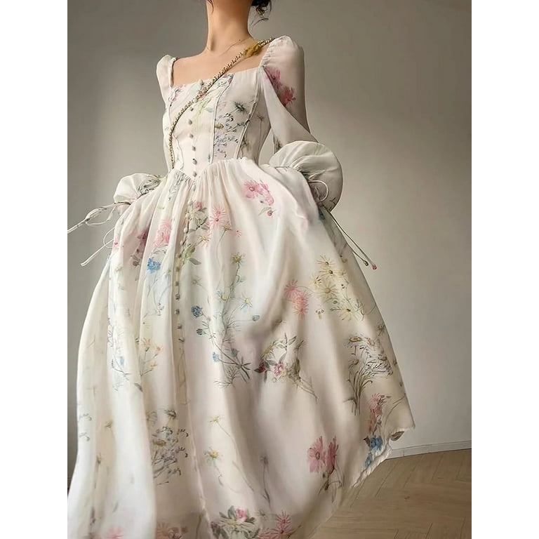 French Elegant Floral Midi Dress Chiffon Long Sleeve Evening Party