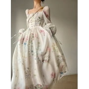 French Elegant Floral Midi Dress Chiffon Long Sleeve Evening Party Dress Woman Beach Fairy One Piece Dress