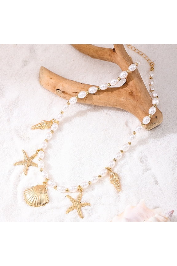 French Elegant Ocean Element Necklace for Women, Premium Simulated Pearl Beaded Clavicle Chain, Vintage Gold Sea Shell Conch Starfish Pendant Choker, Romantic Summer Vacation Jewelry