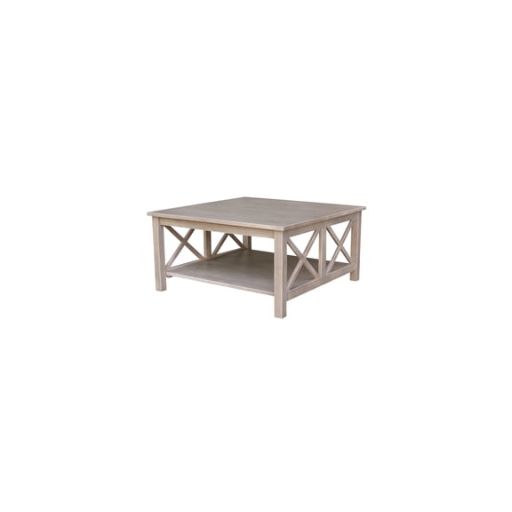 French Fabulous Coffee Table in Washed Gray Taupe, Square 36-in x 36-in x 18-in, Parawood Frame with Shelf and X-Side Detailing, 74.8-lb Weight