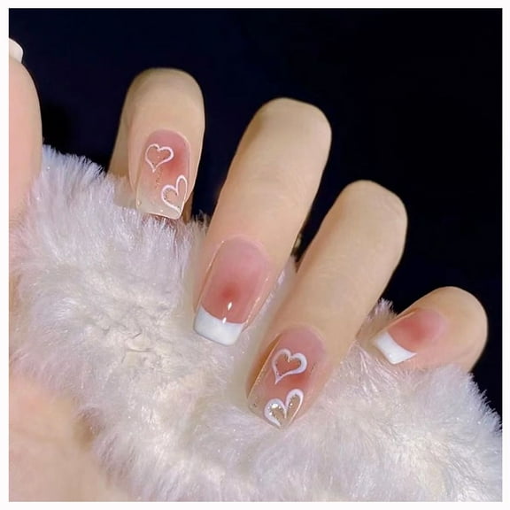 French Fake Nail Heart Pattern Artificial Nails Red Acrylic Nails Medium Fake Nail 24Pcs