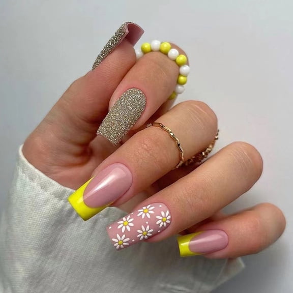 French Fake Nails 24PCS Yellow Coffin Press On Nails with Glue Glitter Flower Design Acrylic Nail Tips for Women Daily Wear