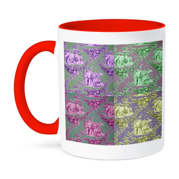 3dRose, French Farm Toile. Purple, pink, lime and yellow. Popular Toile print., 15oz Two-Tone Red Mug