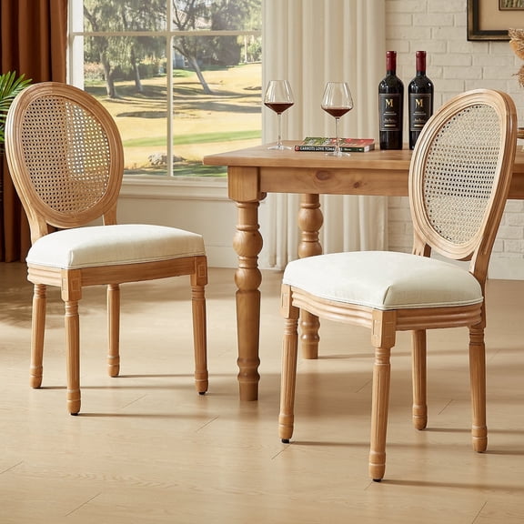 French Farmhouse Mid Century Dining Chairs Set of 2, Upholstered Round Back Chairs with Solid Wood Legs for Kitchen Dining Room Bedroom & Restaurant