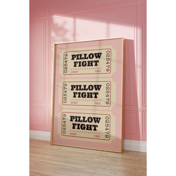 Pillow Fight Ticket Retro Bedroom Poster, Unframed Size 8x12