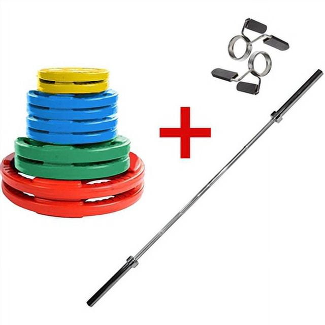 French Fitness Colored Rubber Grip Weight Plate Set w/7 ft Olympic Bar 235 lbs (New)