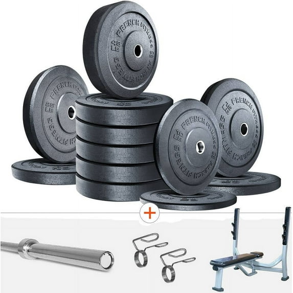 French Fitness Olympic Bumper Plate Set w/7 ft Olympic Bar 415 lbs + Bench (New)