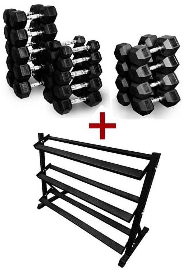 French Fitness Rubber Coated Hex Dumbbell Set 5 70 lbs w Rack New Walmart