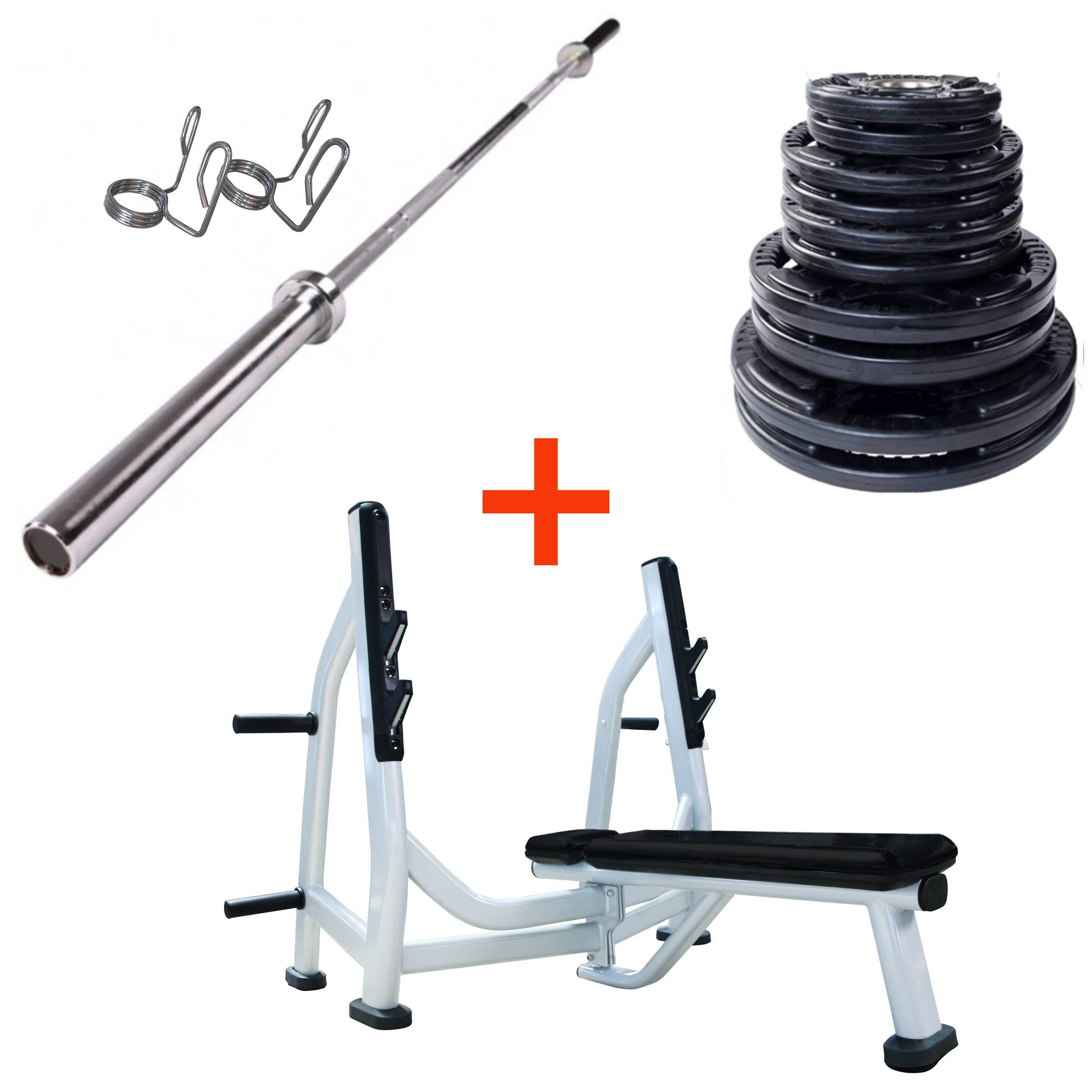 French Fitness Rubber Grip Weight Plate Set w/7 ft Olympic Bar 235 lbs + Bench (New)