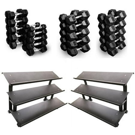 French Fitness Rubber Hex Dumbbell Set 5-100 lbs w/(2) 3 Tier Dumbbell Racks (New)