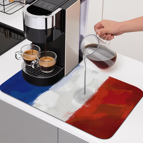 French Flag Dish Drying Mats for Kitchen Counter, French National Day Bastille Day Absorbent Coffee Bar Mat with Non-slip Rubber Backed Quick Drying Dish Rack Pad 12"x16"